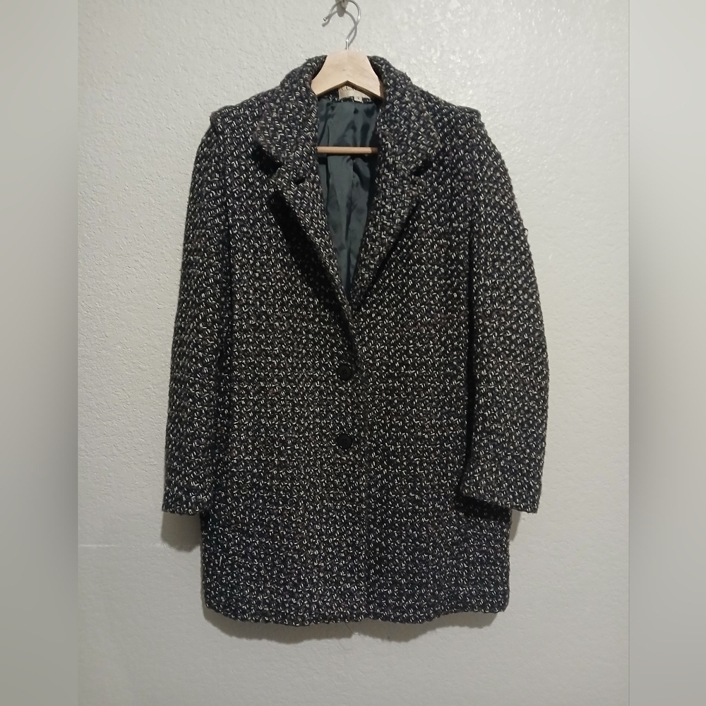 Wool Blend Tweed Black Pink White Purple Coat Size 6/7 Peacoat Trench Over Coat